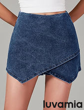 LUVAMIA Denim High Waisted Shorts Skort Stretch Asymmetrical Wrap Skirt