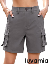 luvamia Cargo Shorts Women High Waisted Casual Elastic Waist 7" Inseam Mid Thigh Hiking Golf Shorts with Utility Pockets