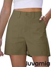 luvamia Summer Shorts for Women High Waisted Dressy Causal Cotton Chino Elastic Waist 5 Inch Inseam Mid Thigh Shorts