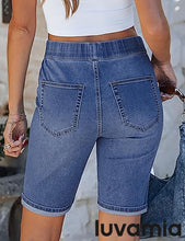 luvamia FleXclusive Bermuda Shorts for Women Jean Pull On Elastic Waist High Waisted Knee Length Fold Hem Stretchy Denim Long Shorts