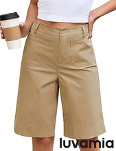 luvamia Bermuda Shorts for Women Knee Length High Waisted Dressy Casual Patch Pocket Chino Elastic Waist Long Shorts