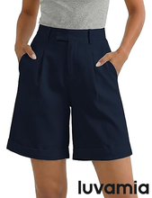 luvamia High Waisted Shorts for Women Dressy Casual Pleated Wide Leg Midi Baggy Work Shorts Rolled Hem with Pockets