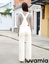 LUVAMIA Women's White Denim Wide Leg Jumpsuit Side Snap Closure Five Pocket Utility