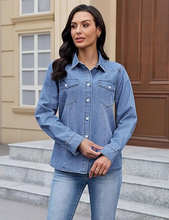 luvamia FleXclusive Denim Shirts for Women Long Sleeve Button Down Chambray Relaxed Fit Western Jean Shirts Casual Collared Jean Top