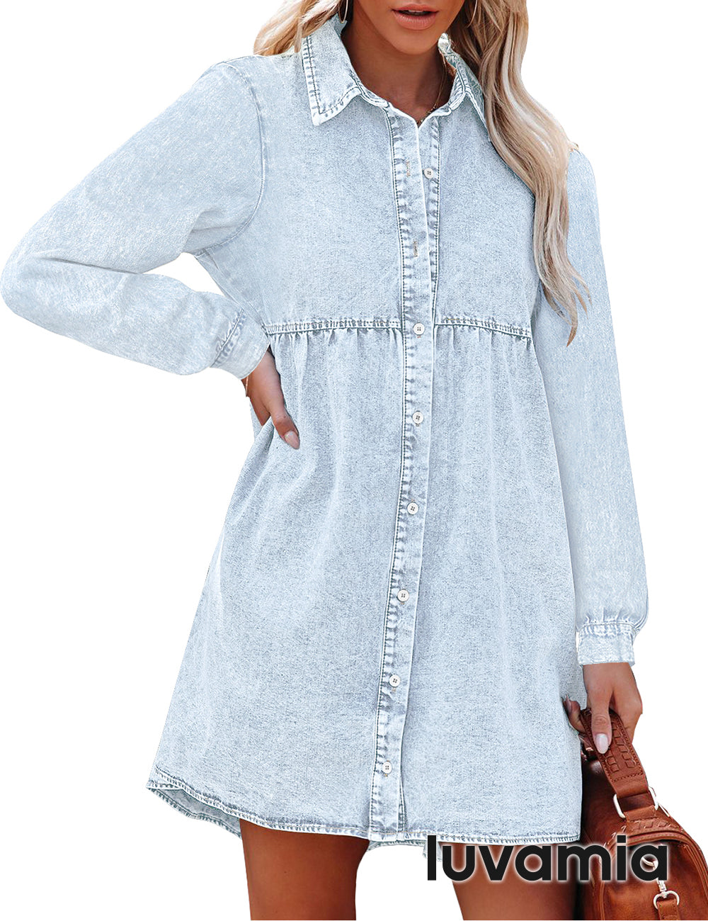 luvamia Denim Dress for Women Babydoll Flowy Cute Jean Shirt Dresses L –  LUVAMIA