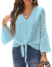 luvamia Women's Casual V Neck Blouse Lace Crochet Bell Long Sleeve Loose Shirt Tops