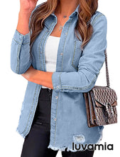 luvamia Womens Denim Jacket Distressed Button Down Jean Shirt For Women Ripped Shacket Coat