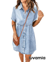 luvamia Women's Casual Short Sleeve Button Down Tiered Denim Babydoll Jean Dress