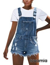 luvamia Women's Ripped Short Overalls Adjustable Denim Bib Overall Shorts Romper