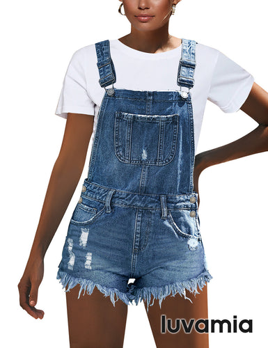 luvamia Women's Ripped Short Overalls Adjustable Denim Bib Overall Shorts Romper