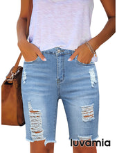 luvamia Women's High Waist Bermuda Shorts Ripped Distressed Stretch Denim Shorts