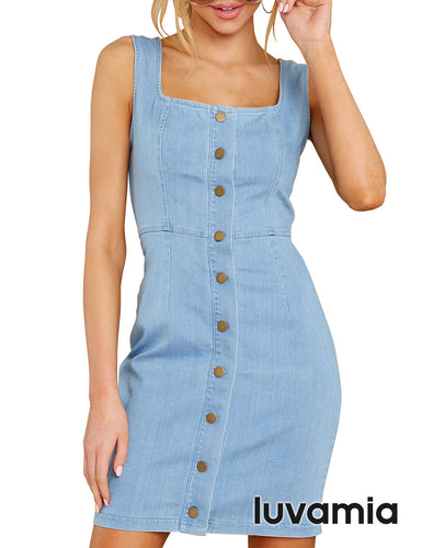 luvamia Women's Casual V Neck Sleeveless Jeans Button Down Denim Short Dress