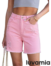 luvamia FleXclusive Jean Shorts for Women High Waisted Trendy Mid Thigh Distressed Ripped Frayed Stretchy Denim Shorts Cut Off Jorts