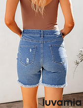 LUVAMIA Women's High Waisted Distressed Raw Hem Stretch Denim Shorts