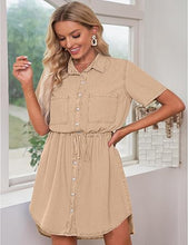 luvamia Women Casual Denim Dress Short Sleeve Tie Waist Classic Jean Shirt Dress