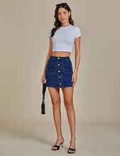 LUVAMIA Women's Denim Bodycon High Waist Button Front Pull-On Mini Skirt
