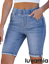 luvamia FleXclusive Bermuda Shorts for Women Jean Pull On Elastic Waist High Waisted Knee Length Fold Hem Stretchy Denim Long Shorts
