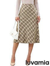 luvamia Plaid Skirts for Women Midi Length High Waisted Trendy A Line Elastic Waist Casual Office Work Fall Skirt