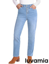 LUVAMIA Women's High Waisted Straight Jeans Fashion Button Knit Jeans High Quality Jeans