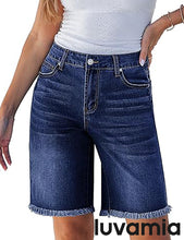 luvamia FleXclusive Jean Bermuda Shorts for Women Trendy Mid Rise Raw Hem Knee Length Stretchy Denim Long Shorts Summer Casual Jorts