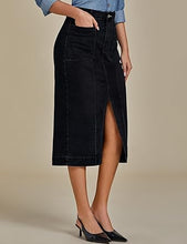 LUVAMIA Women's Skirts High Waisted Below Knee Split Hem Denim Bodycon Midi
