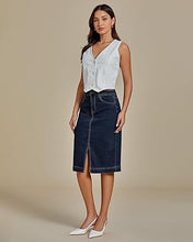 LUVAMIA Women's Brief Denim Midi Knee-Length Skirt Vintage Split High-Waist
