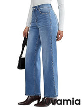 LUVAMIA  Women's High Rise Flare Jeans Washed Denim Trousers Studded Details Retro Style