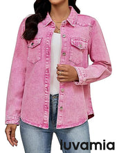 luvamia FleXclusive Denim Jackets for Women Trendy Long Sleeve Distressed Jean Button Down Shirts Jacket Shacket Trucker Jacket