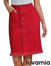 luvamia Women's Casual Mid Rise Button Down Frayed Raw Hem Fit Denim Jean Skirt