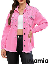 luvamia Jean Jacket for Women Trendy Rhinestone Embellished Long Sleeve Denim Jackets with Pockets
