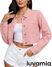luvamia Cropped Jean Jacket Women Trendy Rhinestone Embellished Going Out Party Short Stretchy Trucker Denim Jackets