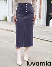 luvamia Corduroy Skirts for Women Midi Length High Waisted Button Fly Fall Casual Elastic Waist Long Skirt with Slit