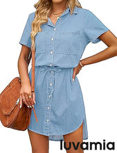 luvamia Women Casual Denim Dress Short Sleeve Tie Waist Classic Jean Shirt Dress