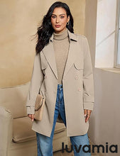luvamia Trench Coat Women Mid Length Classic Double Breasted Lapel Business Casual Fall Jacket Coats Outerwear with Belt
