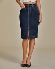 LUVAMIA Women's Brief Denim Midi Knee-Length Skirt Vintage Split High-Waist