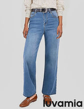 LUVAMIA  Women's High Rise Flare Jeans Washed Denim Trousers Studded Details Retro Style