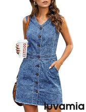 luvamia Women's Casual V Neck Sleeveless Jeans Button Down Denim Short Dress