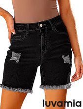 LUVAMIA Women's High Waisted Distressed Raw Hem Stretch Denim Shorts