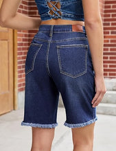 luvamia FleXclusive Jean Bermuda Shorts for Women Trendy Mid Rise Raw Hem Knee Length Stretchy Denim Long Shorts Summer Casual Jorts