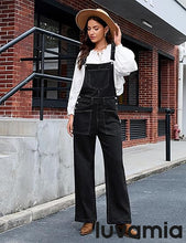 LUVAMIA Women's Denim Wide Leg Jumpsuit Side Snap Closure Five Pocket Utility