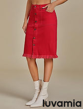 luvamia Women's Casual Mid Rise Button Down Frayed Raw Hem Fit Denim Jean Skirt