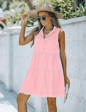 luvamia Women's Casual Summer Lapel Sleeveless Button Down Short Denim Jean Dress