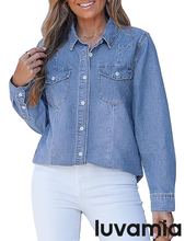 luvamia FleXclusive Denim Shirts for Women Long Sleeve Button Down Chambray Relaxed Fit Western Jean Shirts Casual Collared Jean Top