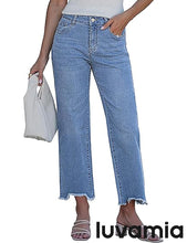 luvamia FleXclusive Straight Leg Jeans for Women Cropped Trendy Mid Rise Baggy Loose Distressed Casual Raw Hem Stretchy Denim Pants