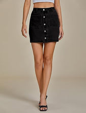 LUVAMIA Women's Denim Bodycon High Waist Button Front Pull-On Mini Skirt