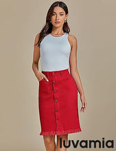luvamia Women's Casual Mid Rise Button Down Frayed Raw Hem Fit Denim Jean Skirt
