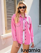 luvamia Jean Jacket for Women Trendy Rhinestone Embellished Long Sleeve Denim Jackets with Pockets
