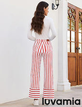 luvamia Striped Jeans for Women Wide Leg High Waisted Trendy Patch Pockets Stretchy Denim Pants Casual Trouser Jeans