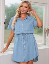 luvamia Women Casual Denim Dress Short Sleeve Tie Waist Classic Jean Shirt Dress