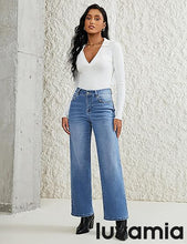 LUVAMIA  Women's High Rise Flare Jeans Washed Denim Trousers Studded Details Retro Style